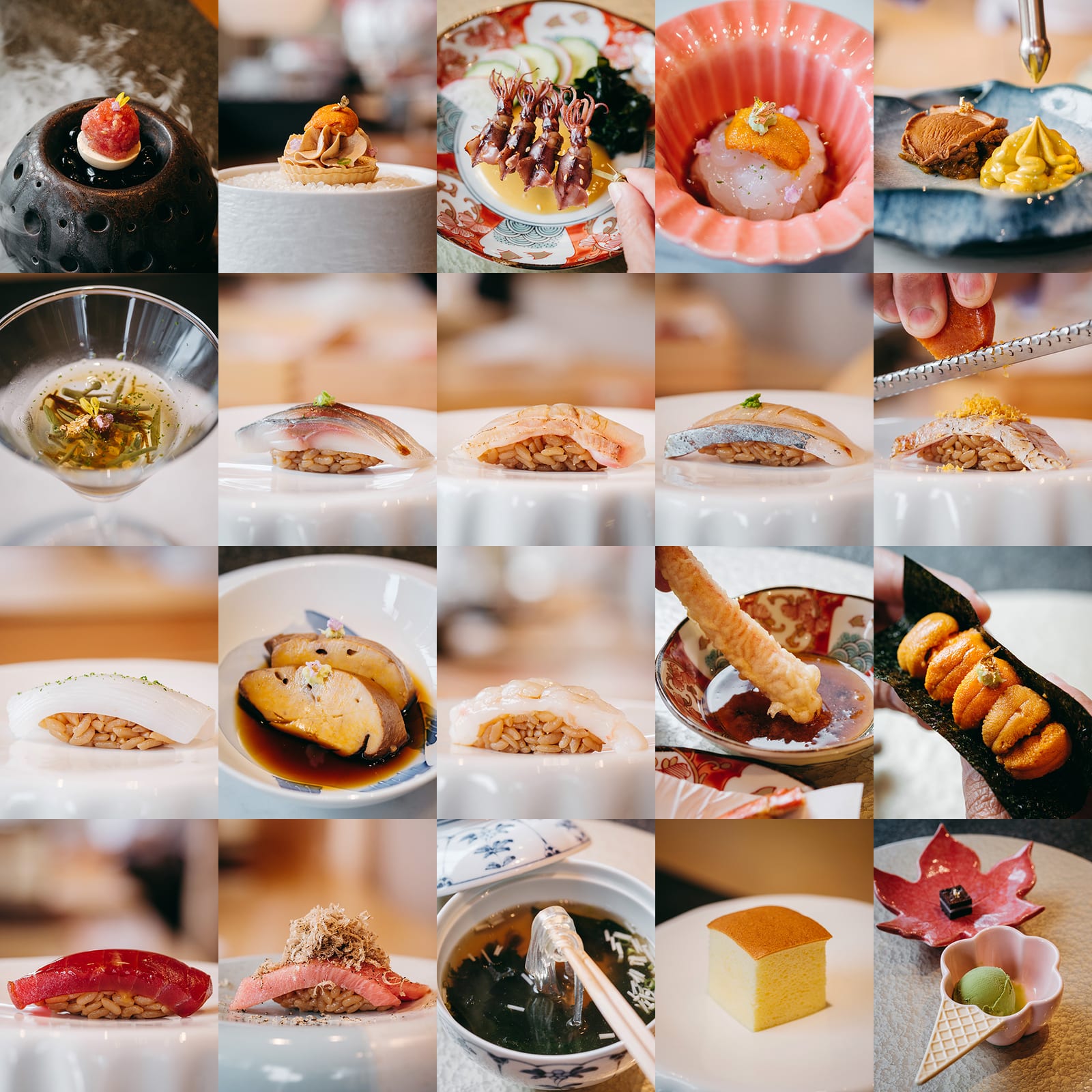 A grid of dishes from the Aki course at Momiji Omakase
