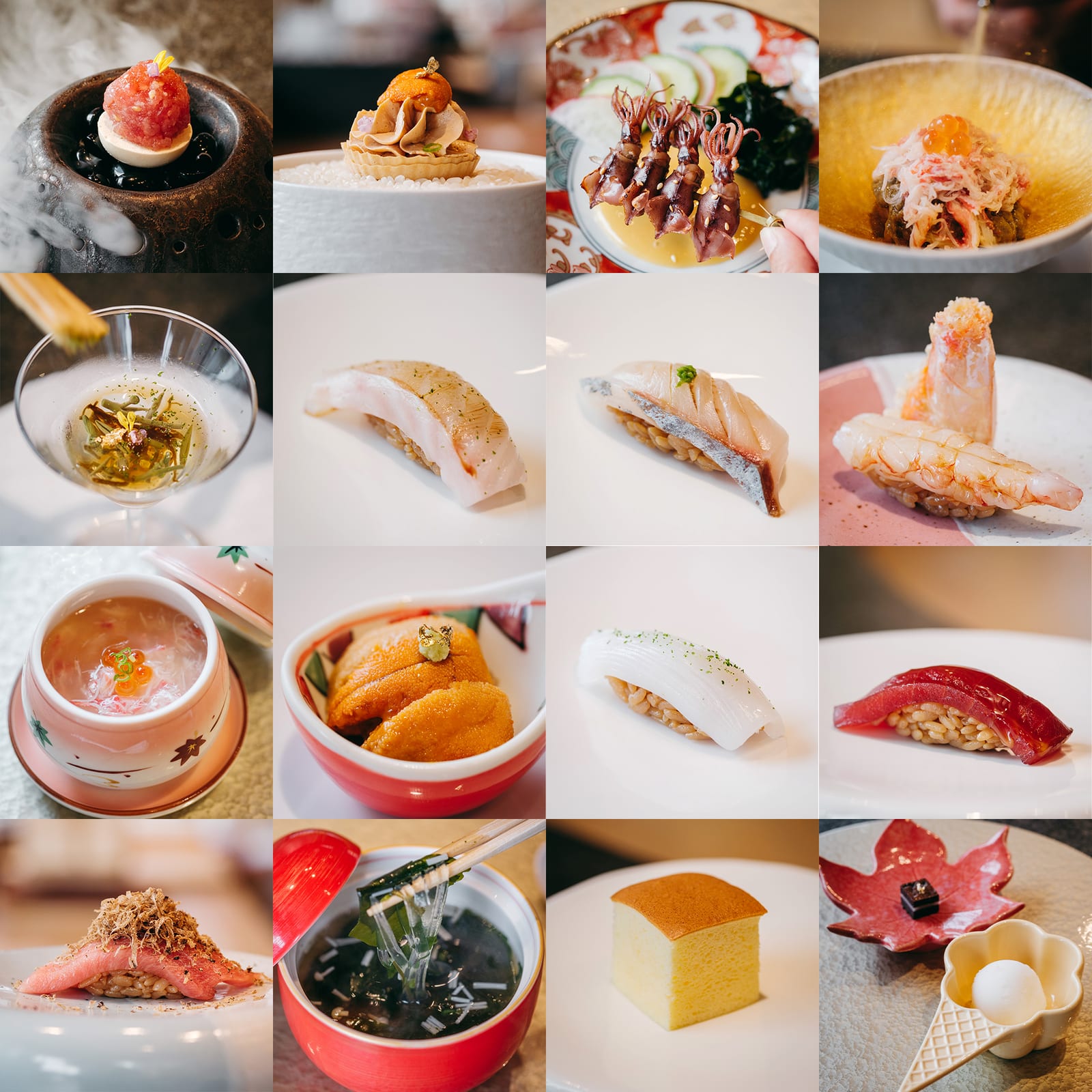 A grid of dishes from the Haru course at Momiji Omakase