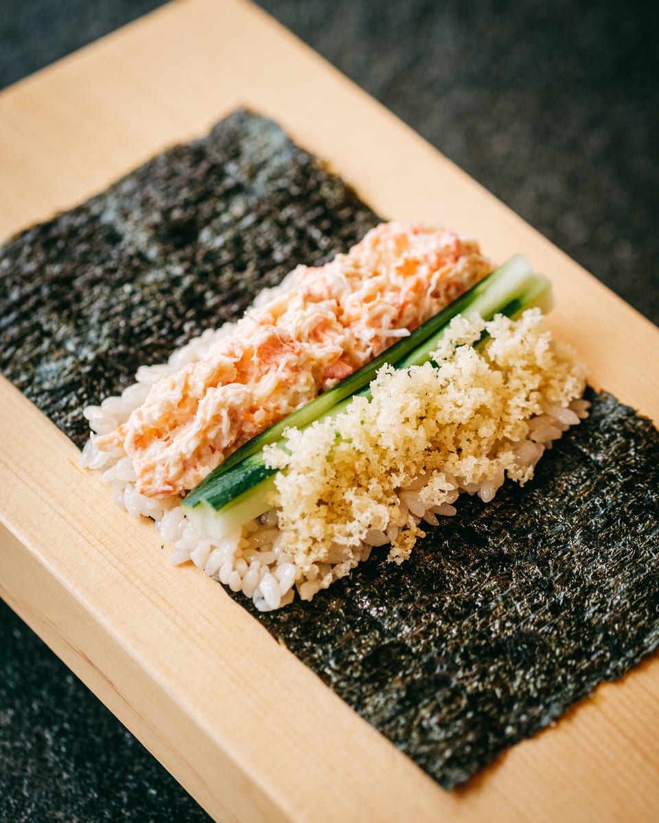 Kani Crunchy handroll at Momiji Omakase