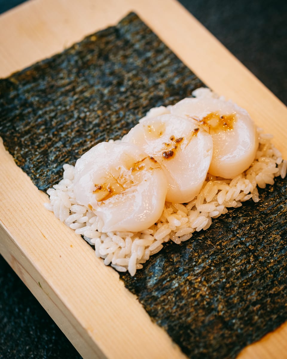 Hotate Yuzu Kosho handroll at Momiji Omakase