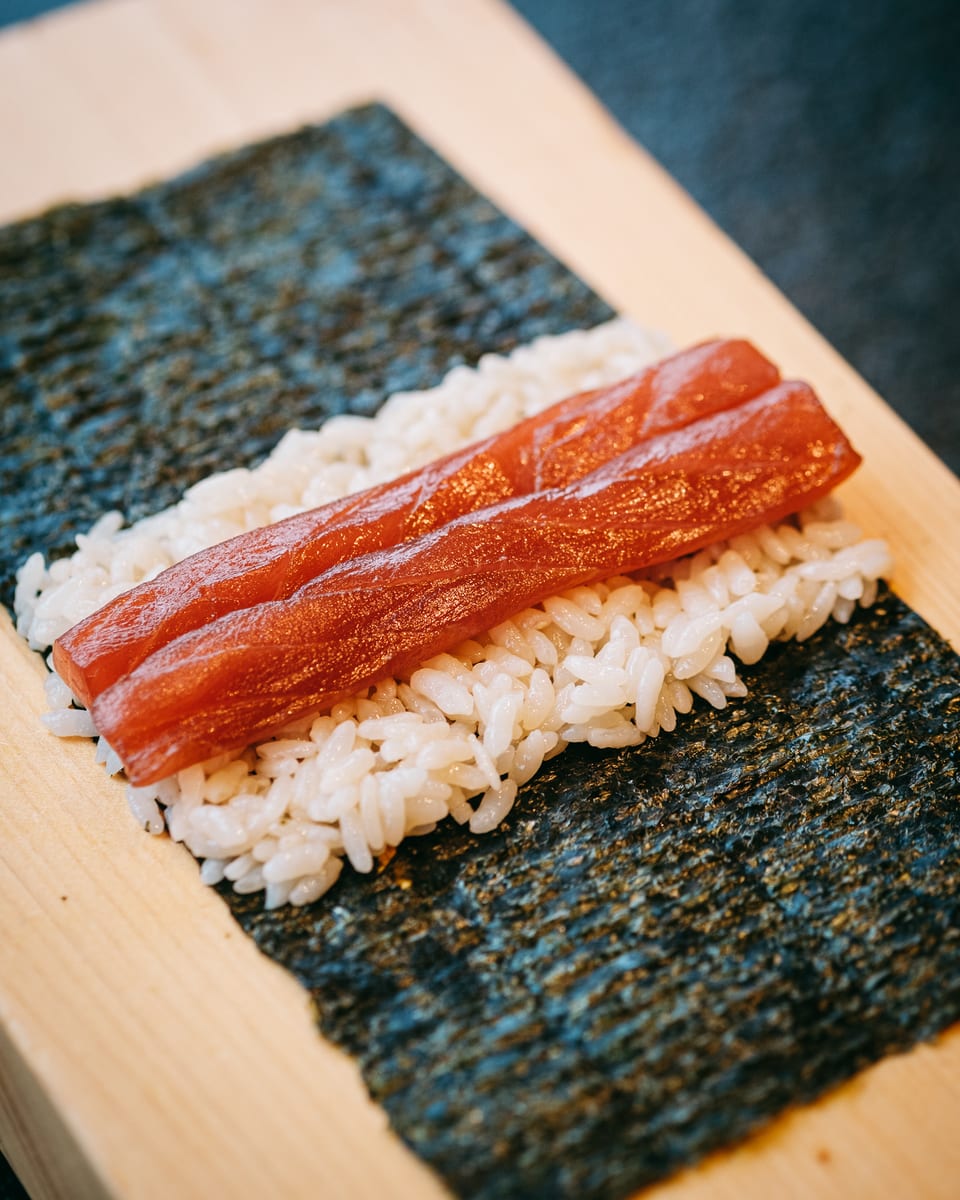 Akami Zuke handroll at Momiji Omakase